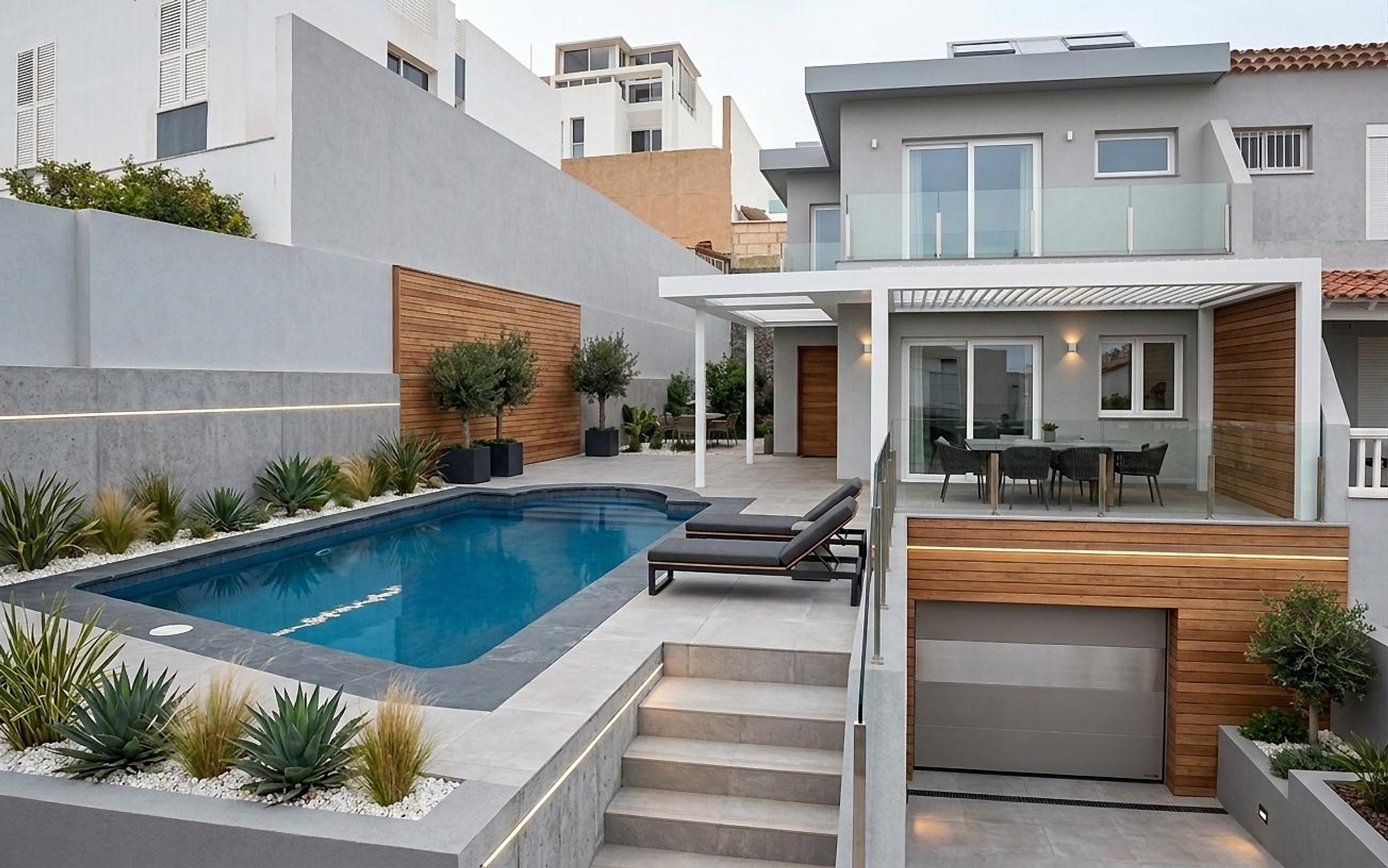 Pool mit Sonnenterrasse und Liegen im Garten eines modernen Hauses mit Pergola